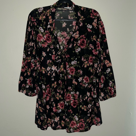 Floral Black and Pink Long Sleeved Blouse, Formal or Casual 2XL - Picture 1 of 5